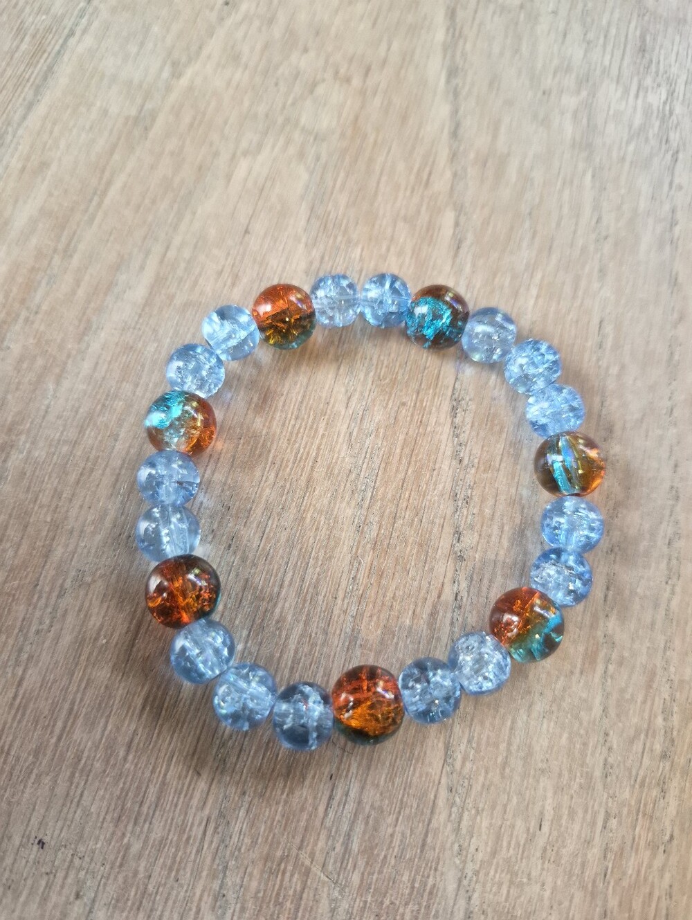 Crackle Glass Bead Stretch Bracelet - Amber & Blue